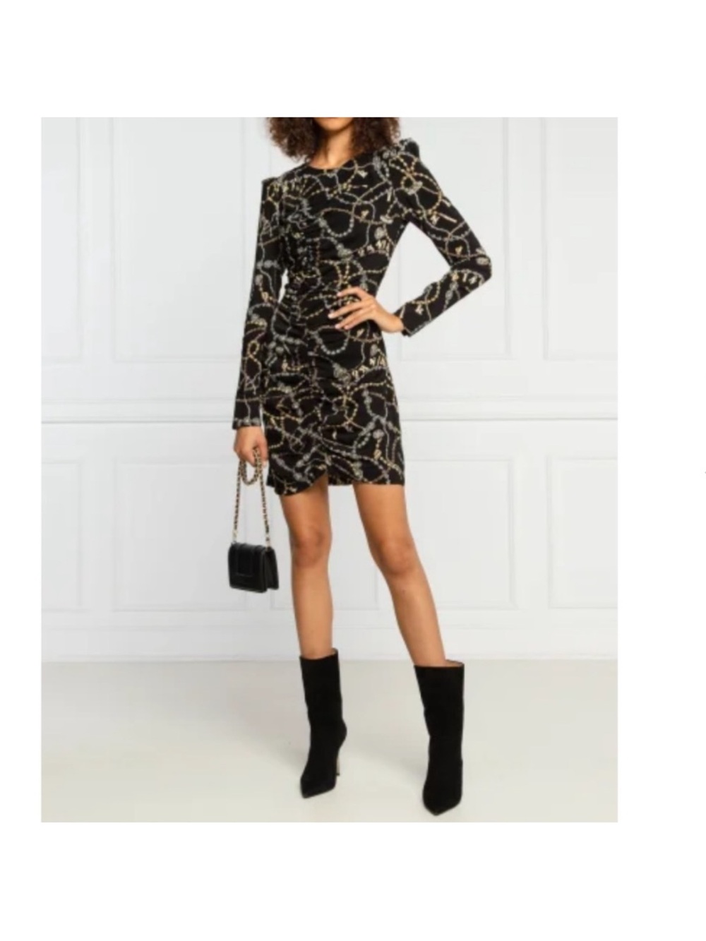 Pinko Black Mini Dress with Gold Chain Print Black puff sleeve size 2